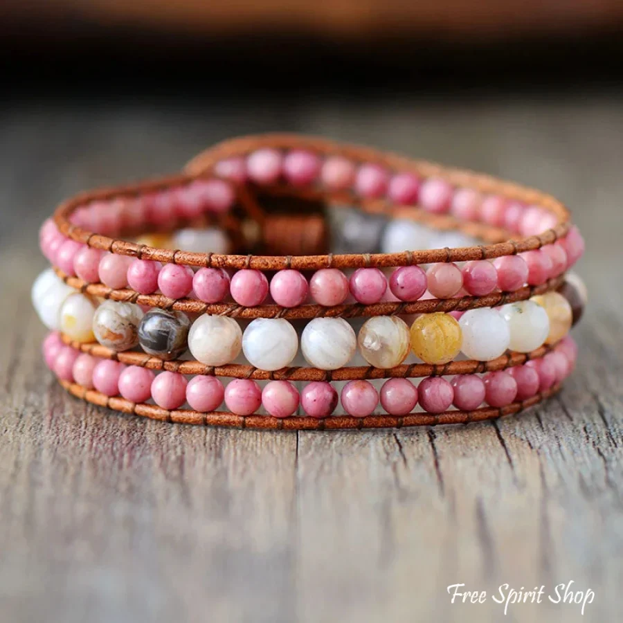 Natural Rhodonite & Amazonite Beaded Wrap Bracelet - Image 3