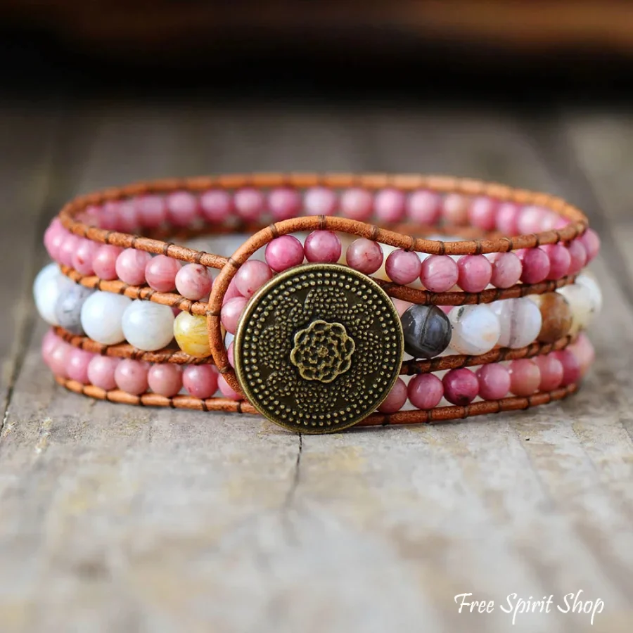 Natural Rhodonite & Amazonite Beaded Wrap Bracelet - Image 4