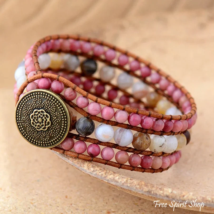 Natural Rhodonite & Amazonite Beaded Wrap Bracelet - Image 5