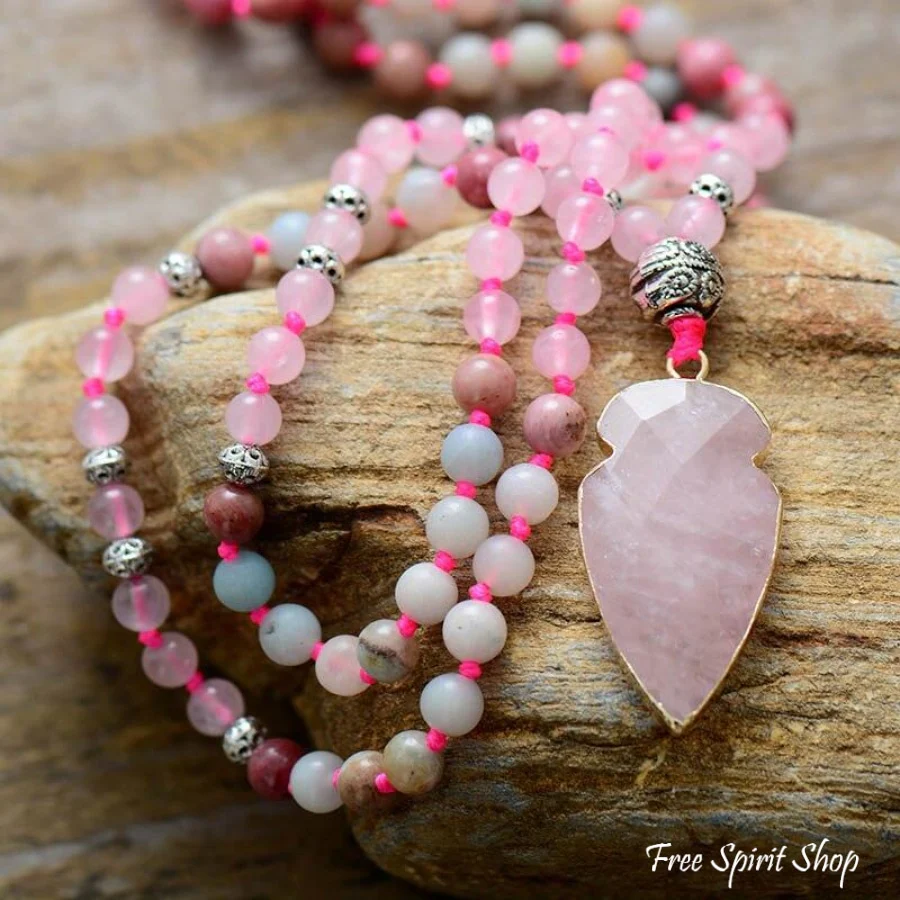 Natural Rhodonite Amazonite & Rose Quartz Arrowhead Beaded Necklace - Image 2