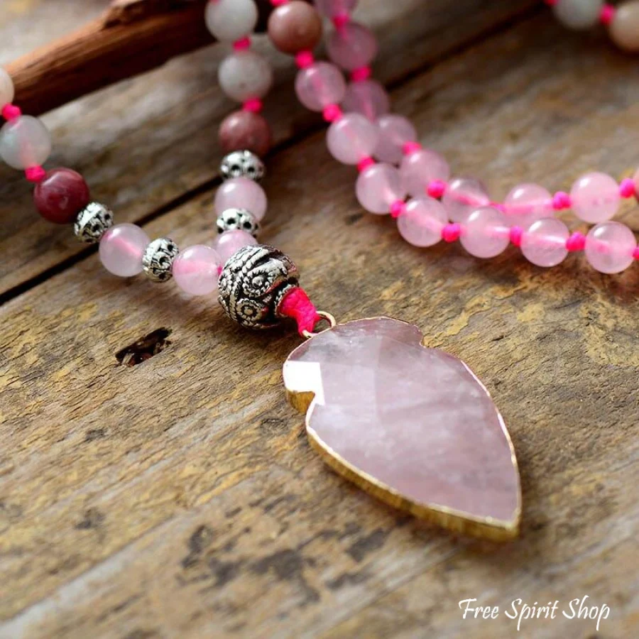 Natural Rhodonite Amazonite & Rose Quartz Arrowhead Beaded Necklace - Image 3