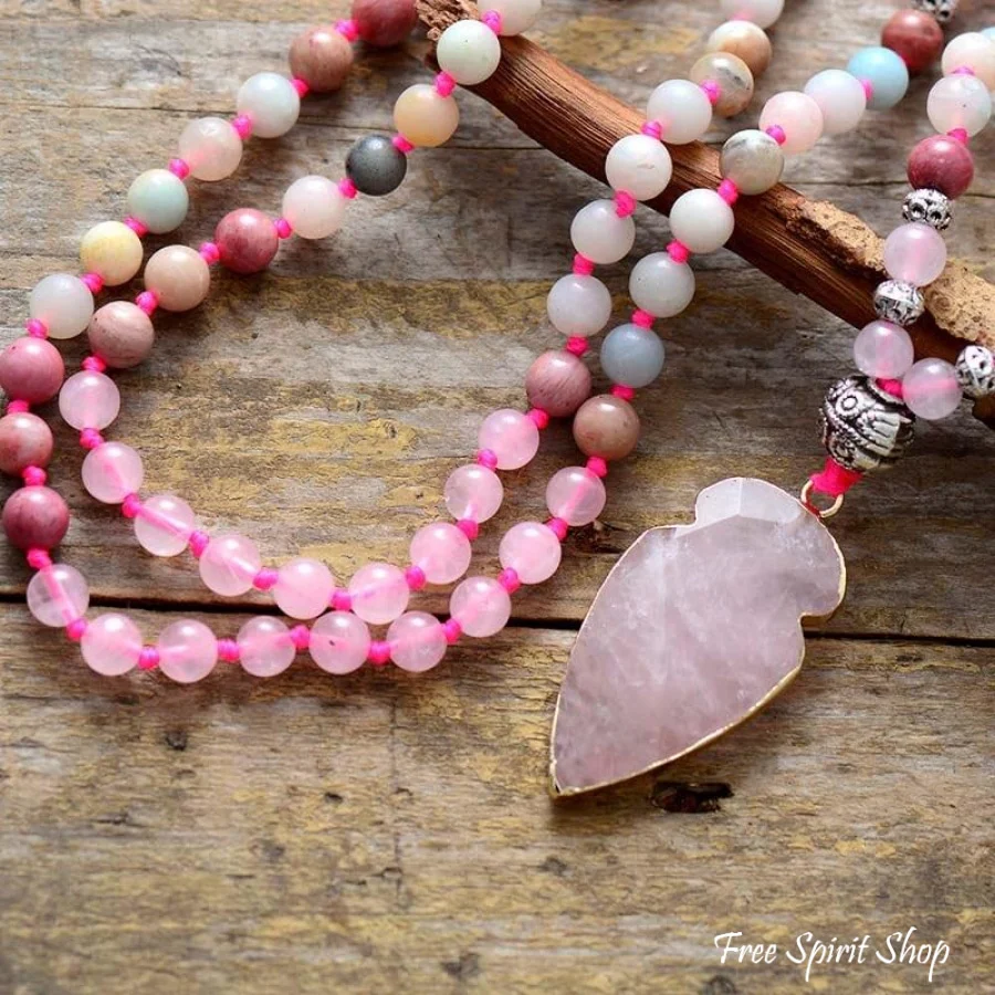 Natural Rhodonite Amazonite & Rose Quartz Arrowhead Beaded Necklace - Image 4