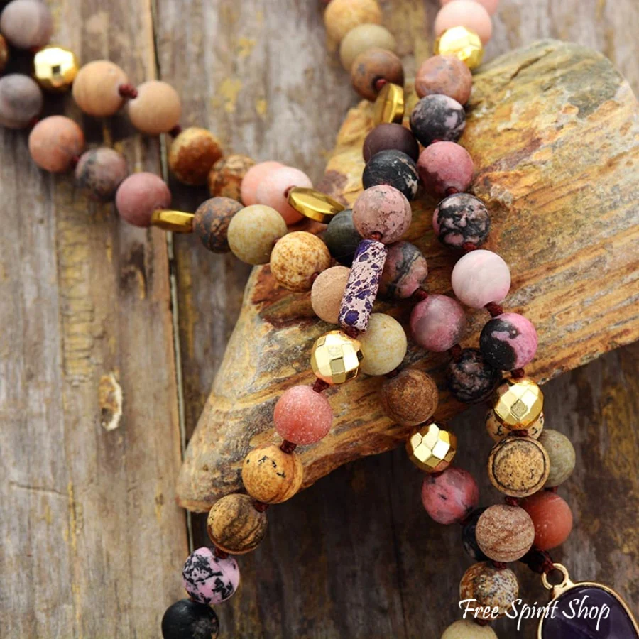 Natural Rhodonite and Jasper Gemstone Bead Necklace - Image 5