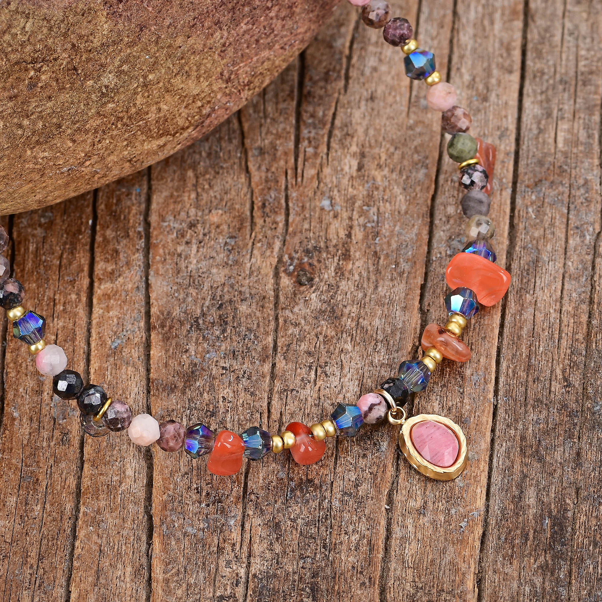 Natural Rhodonite & Carnelian Stone Beaded Anklet - Image 3