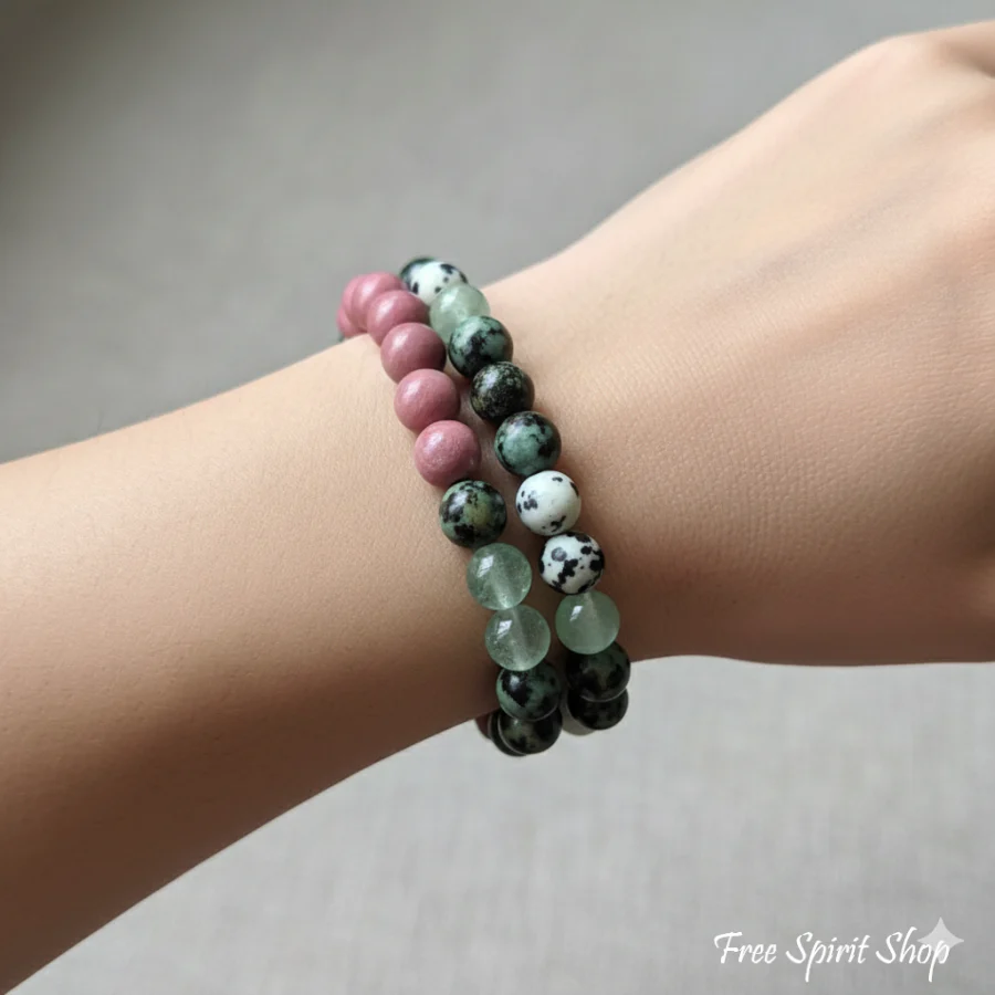 Natural Rhodonite, Green Aventurine & African Turquoise Mala Bead Bracelet - Image 3