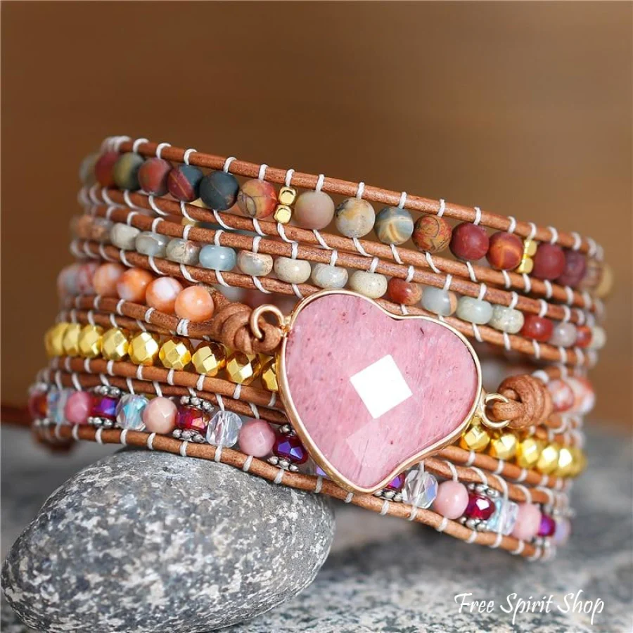 Natural Rhodonite Heart & Jasper Wrap Bracelet - Image 2