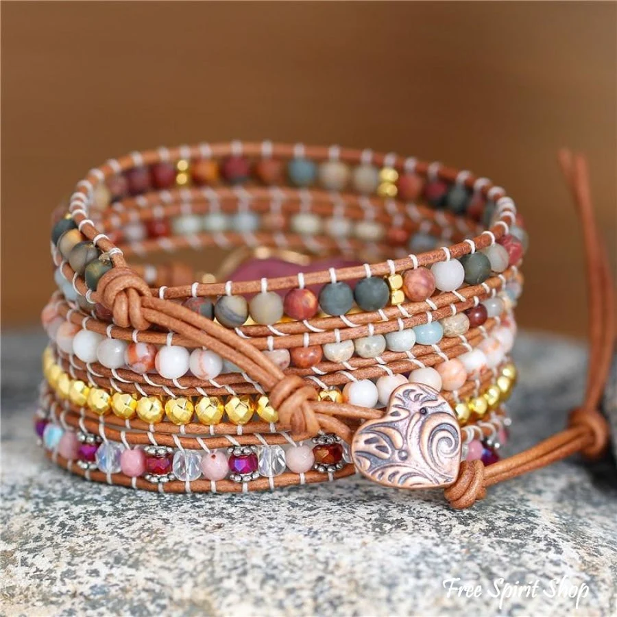 Natural Rhodonite Heart & Jasper Wrap Bracelet - Image 3