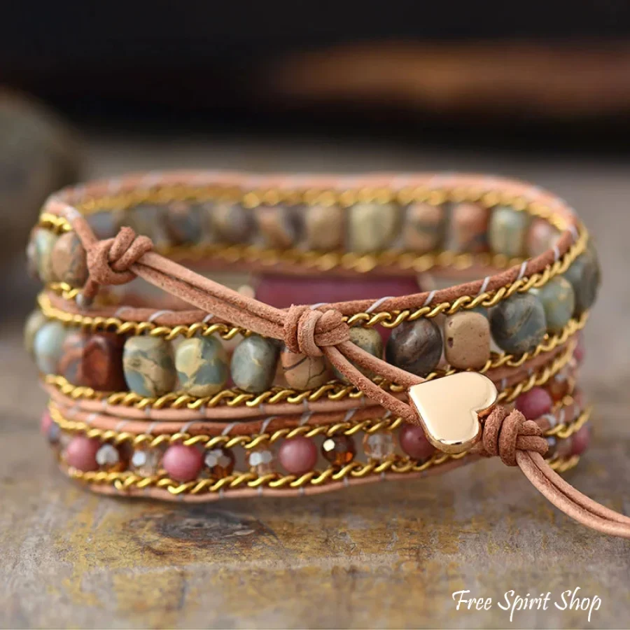 Natural Rhodonite & Jasper LOVE Wrap Bracelet - Image 3