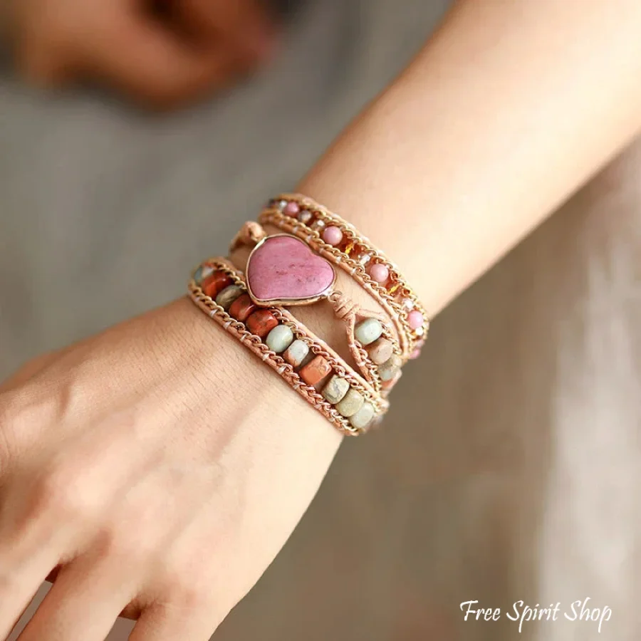 Natural Rhodonite & Jasper LOVE Wrap Bracelet - Image 4
