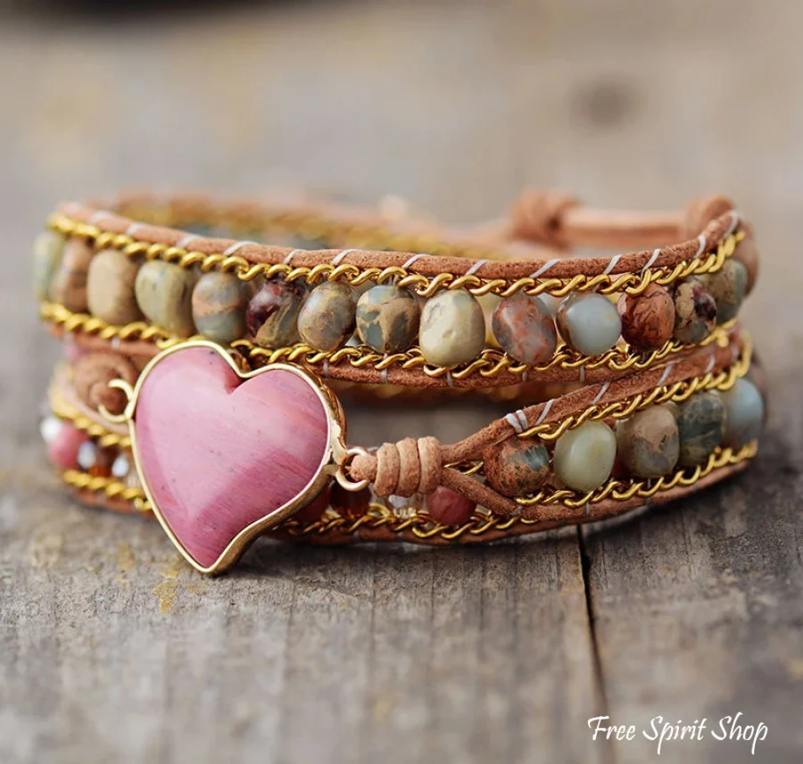 Natural Rhodonite & Jasper LOVE Wrap Bracelet - Image 5