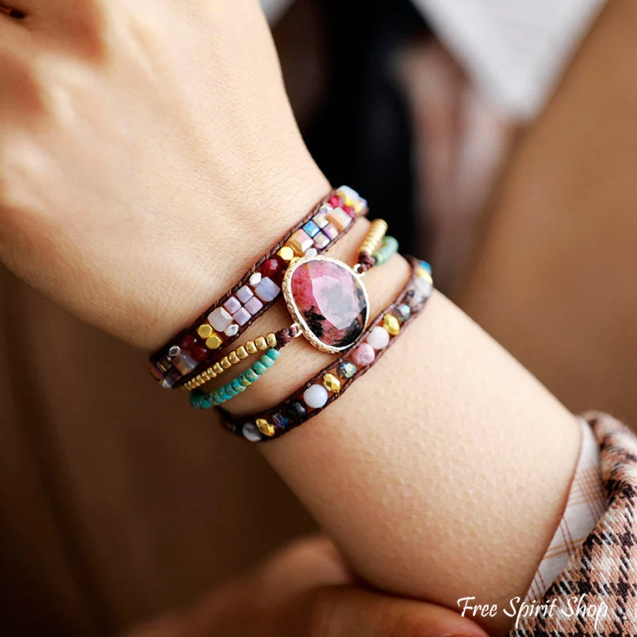 Natural Rhodonite & Mixed Beads Wrap Bracelet - Image 2