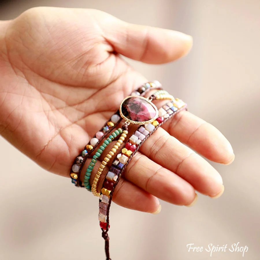 Natural Rhodonite & Mixed Beads Wrap Bracelet - Image 3