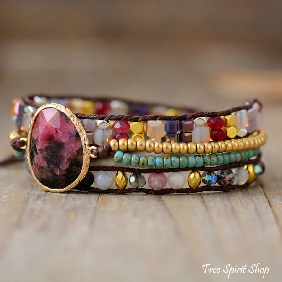 Natural Rhodonite & Mixed Beads Wrap Bracelet - Image 4