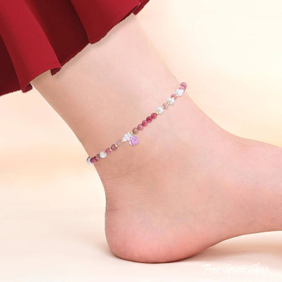 Natural Rhodonite & Pearl Beaded Anklet With Heart Crystal - Image 3