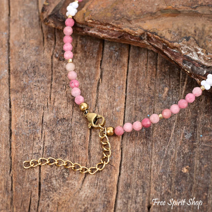 Natural Rhodonite & Pearl Beaded Anklet With Heart Crystal - Image 4