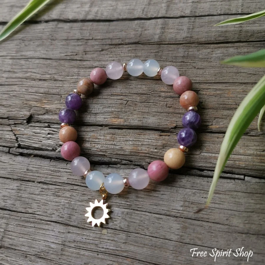 Natural Rhodonite Rose Quartz & Amethyst Bead Bracelet - Image 2