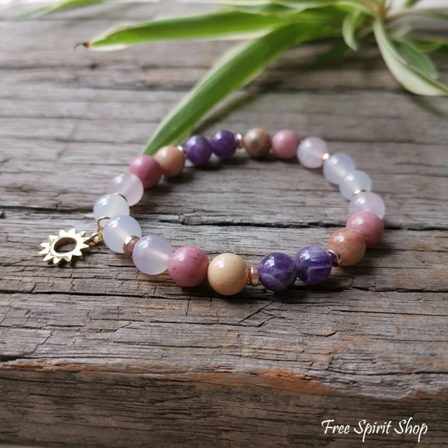 Natural Rhodonite Rose Quartz & Amethyst Bead Bracelet - Image 3