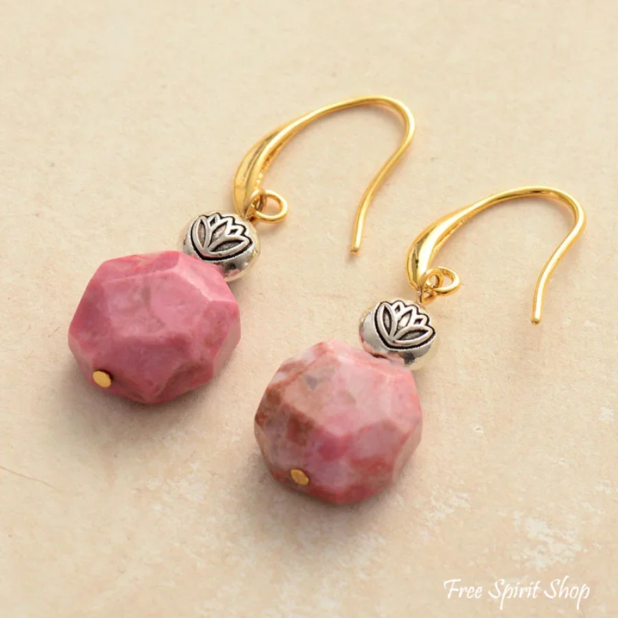 Natural Rhodonite Stone & Lotus Flower Earrings - Image 2