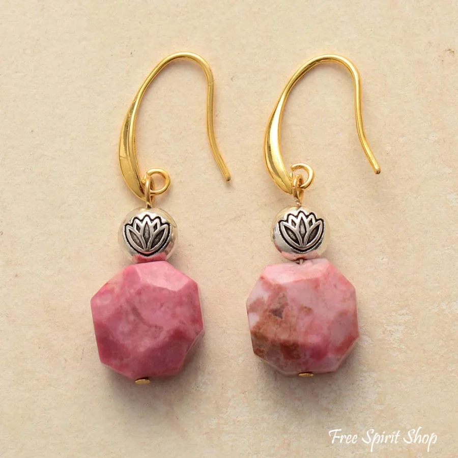 Natural Rhodonite Stone & Lotus Flower Earrings - Image 3