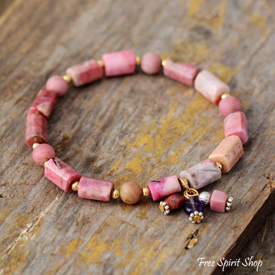 Natural Rhodonite Stone Tube Bead Bracelet - Image 2