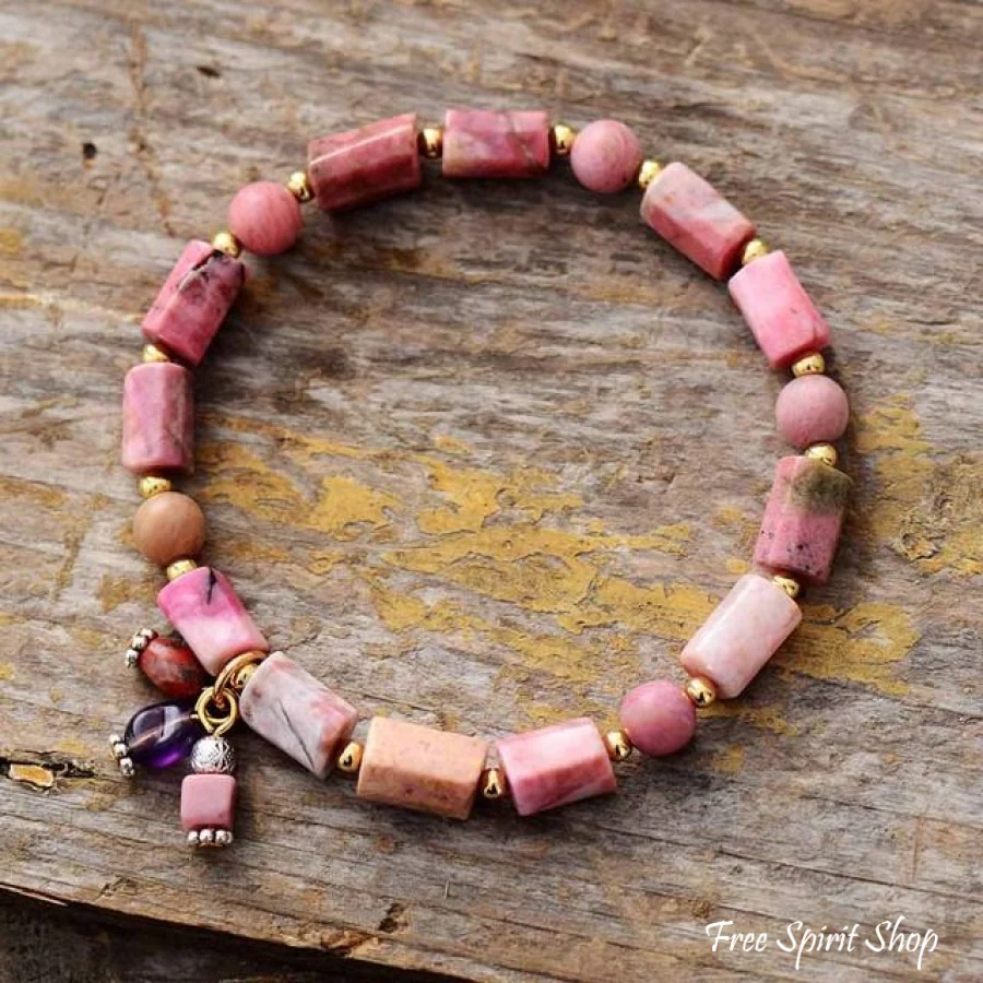 Natural Rhodonite Stone Tube Bead Bracelet - Image 3