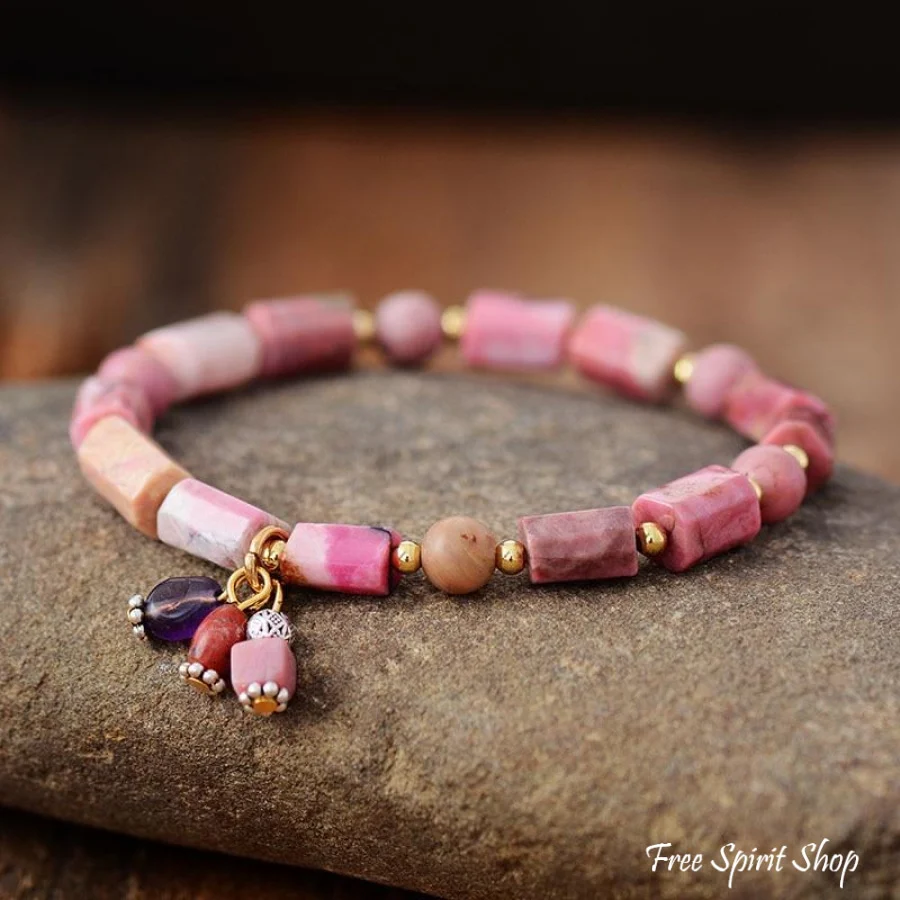 Natural Rhodonite Stone Tube Bead Bracelet - Image 4