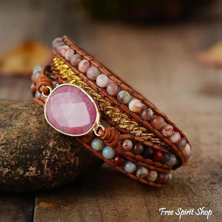 Natural Rhodonite King Jasper & Pink Aventurine Beaded Wrap Bracelet - Image 3