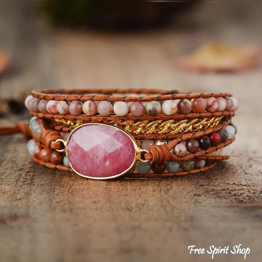 Natural Rhodonite King Jasper & Pink Aventurine Beaded Wrap Bracelet - Image 5