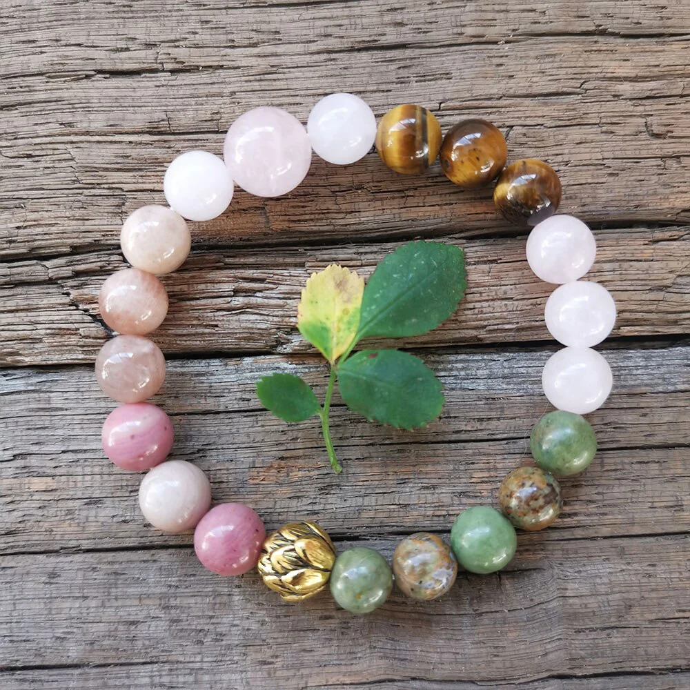 Natural Rose Quartz African Turquoise Tiger Eye Sunstone & Rhodonite Bead Bracelet