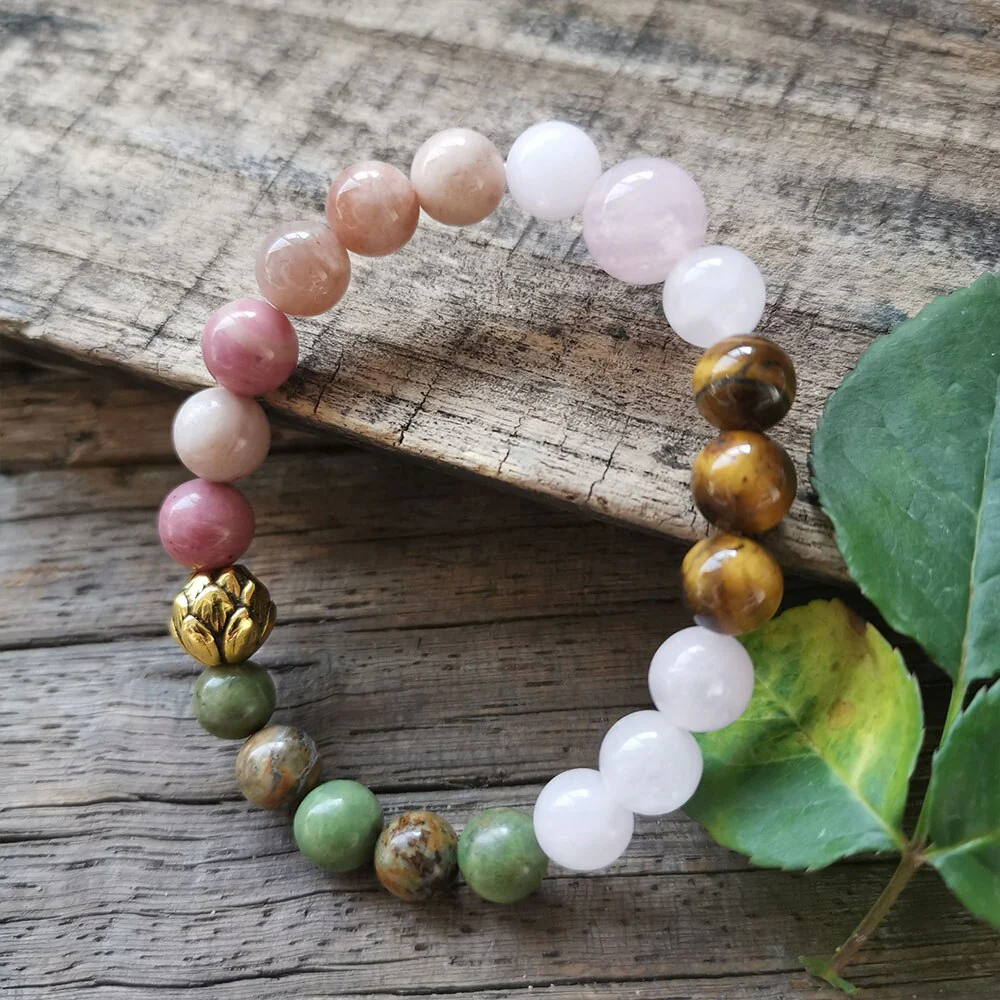 Natural Rose Quartz African Turquoise Tiger Eye Sunstone & Rhodonite Bead Bracelet - Image 2