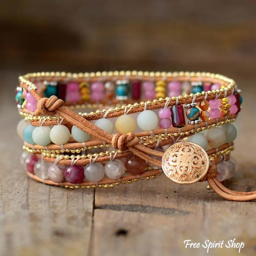 Natural Rose Quartz Heart & Amazonite Beaded Wrap bracelet - Image 2