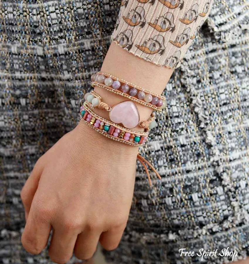 Natural Rose Quartz Heart & Amazonite Beaded Wrap bracelet - Image 3