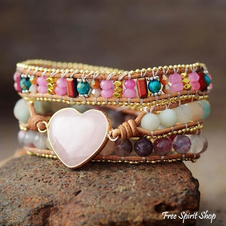 Natural Rose Quartz Heart & Amazonite Beaded Wrap bracelet - Image 4