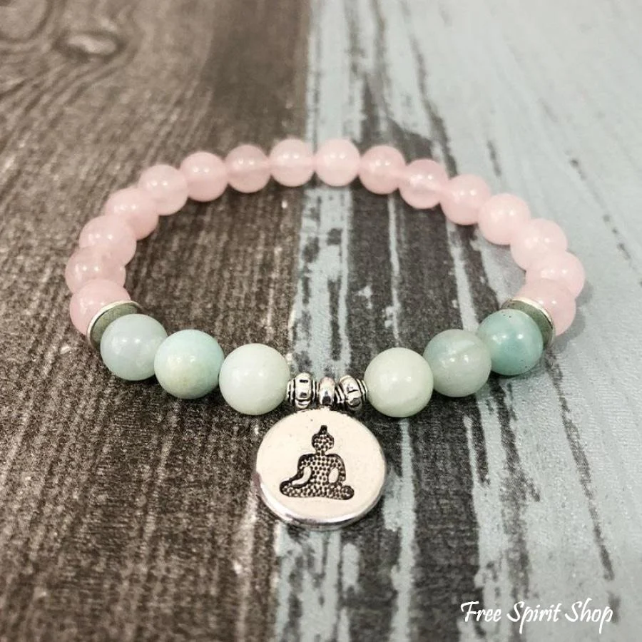 Natural Rose Quartz & Amazonite Gemstone Bead Mala Bracelet - Image 3
