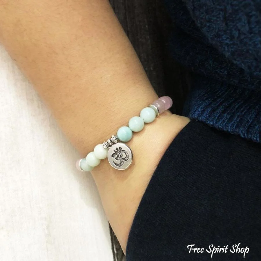 Natural Rose Quartz & Amazonite Gemstone Bead Mala Bracelet - Image 4