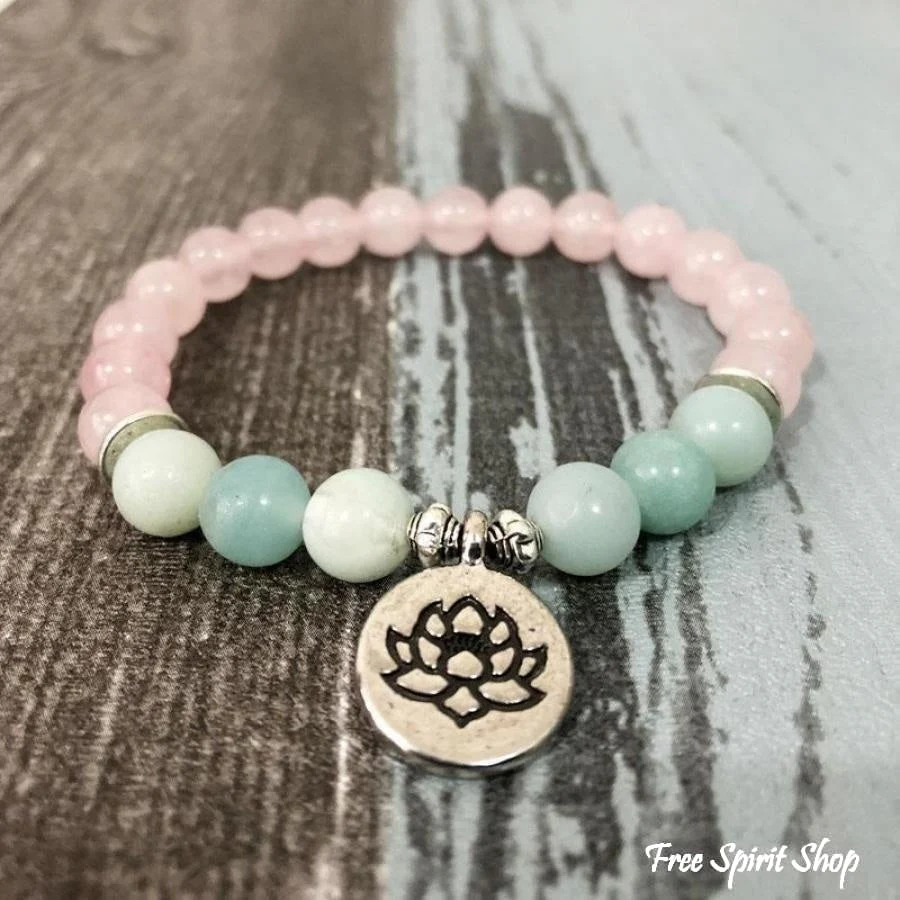 Natural Rose Quartz & Amazonite Gemstone Bead Mala Bracelet - Image 6