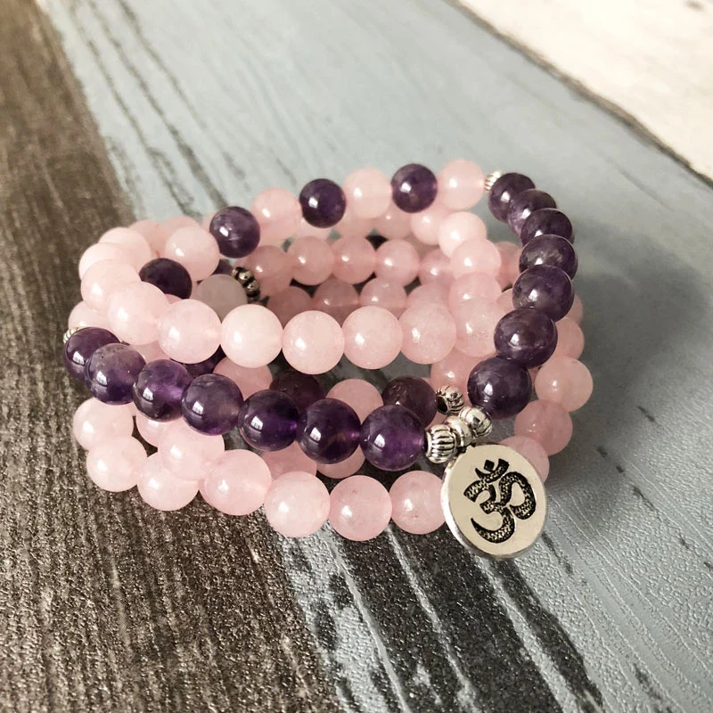 108 Natural Rose Quartz & Amethyst Mala Beads - Image 2