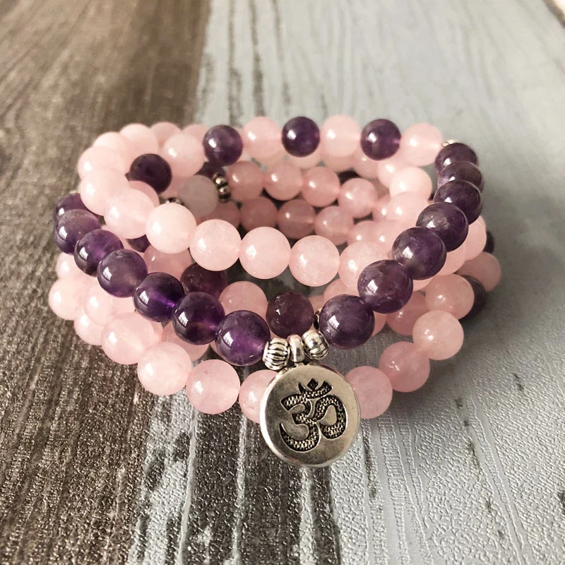 108 Natural Rose Quartz & Amethyst Mala Beads - Image 5