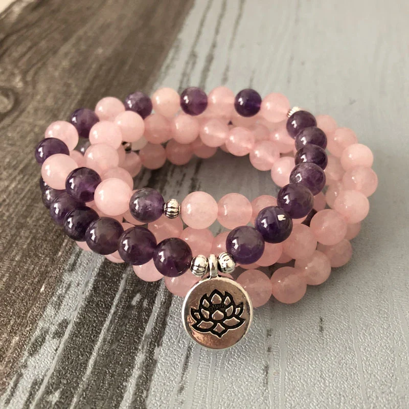 108 Natural Rose Quartz & Amethyst Mala Beads - Image 6