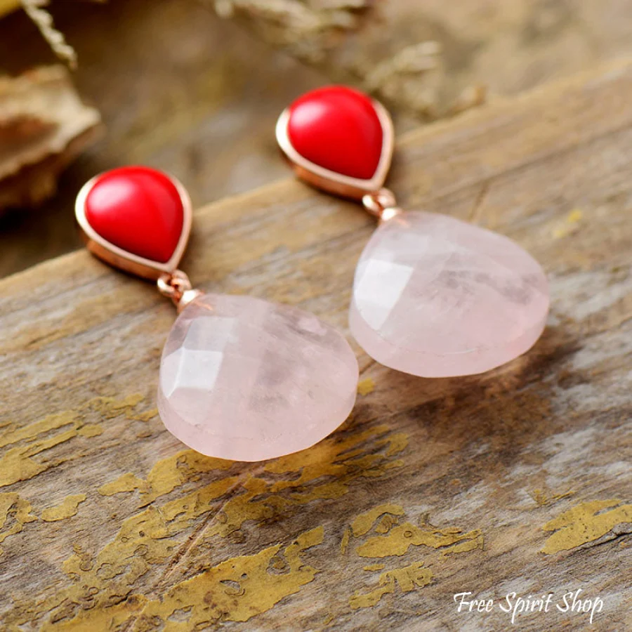 Natural Rose Quartz and Red Stone Drop Earrings - Image 2
