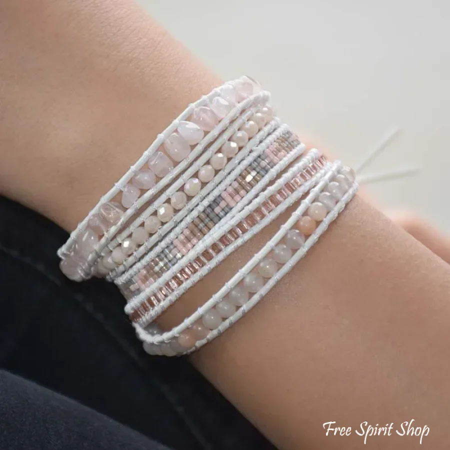 Natural Rose Quartz & Aventurine White Wrap Bracelet - Image 2