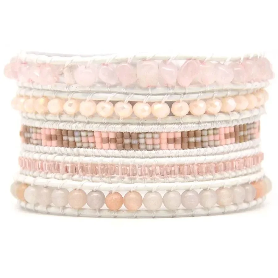 Natural Rose Quartz & Aventurine White Wrap Bracelet - Image 3