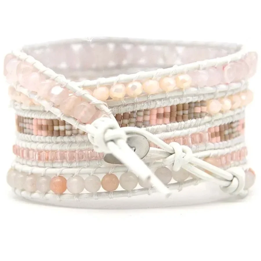 Natural Rose Quartz & Aventurine White Wrap Bracelet - Image 4