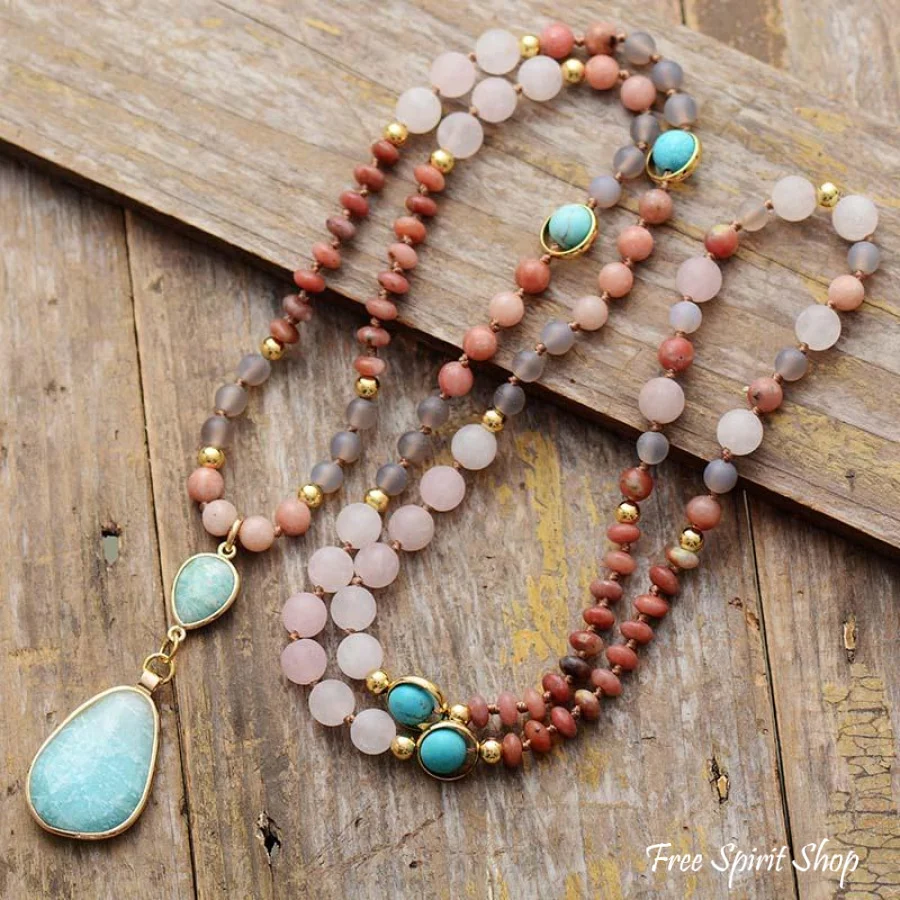 Natural Rose Quartz Botswana Agate and Jasper Beaded Necklace - Image 4