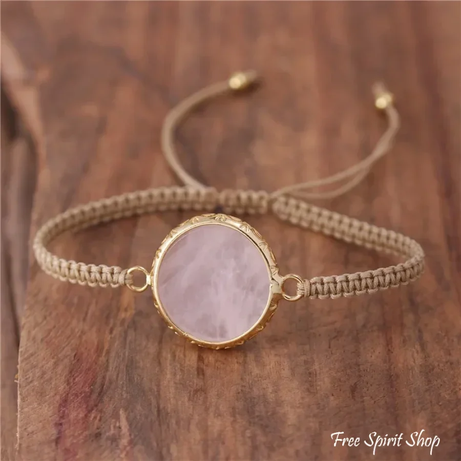 Natural Rose Quartz Circle Adjustable Rope Bracelet - Image 2