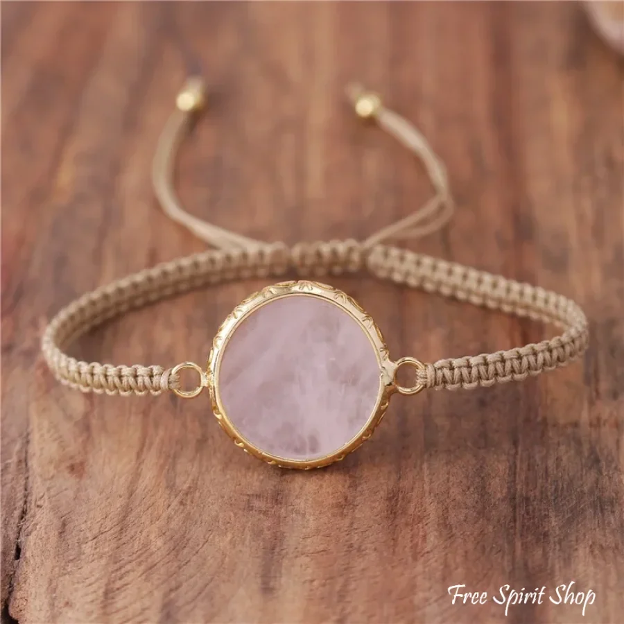 Natural Rose Quartz Circle Adjustable Rope Bracelet - Image 3