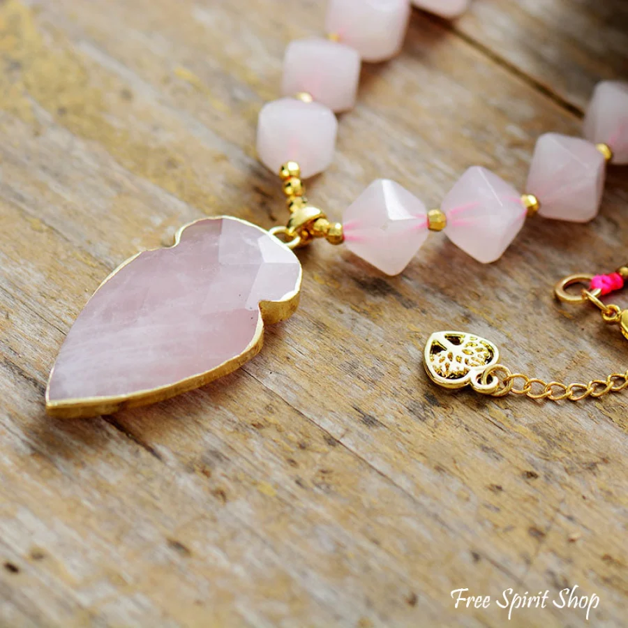 Natural Rose Quartz Diamond Shaped Pendant Necklace - Image 2