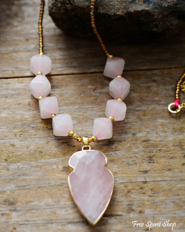 Natural Rose Quartz Diamond Shaped Pendant Necklace - Image 3