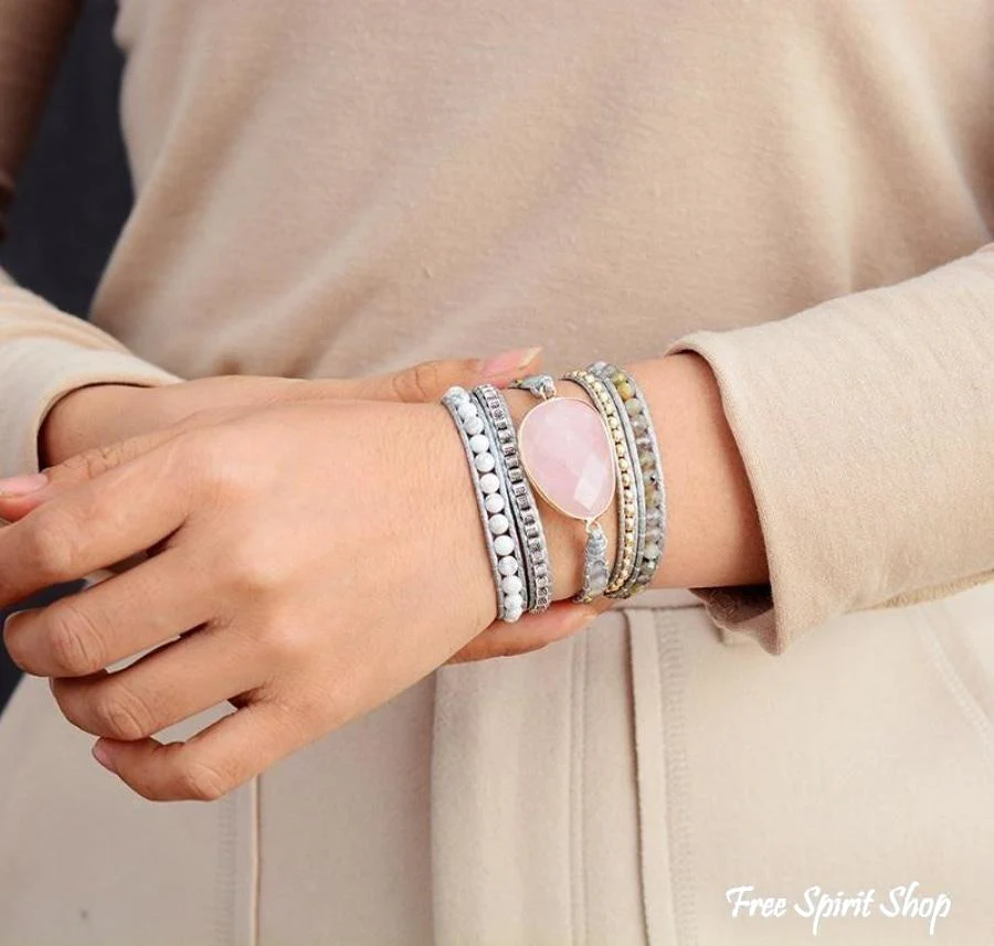 Natural Rose Quartz Howlite & Rutilated Quartz Wrap Bracelet - Image 2