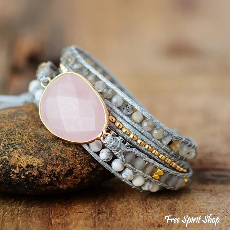 Natural Rose Quartz Howlite & Rutilated Quartz Wrap Bracelet - Image 3